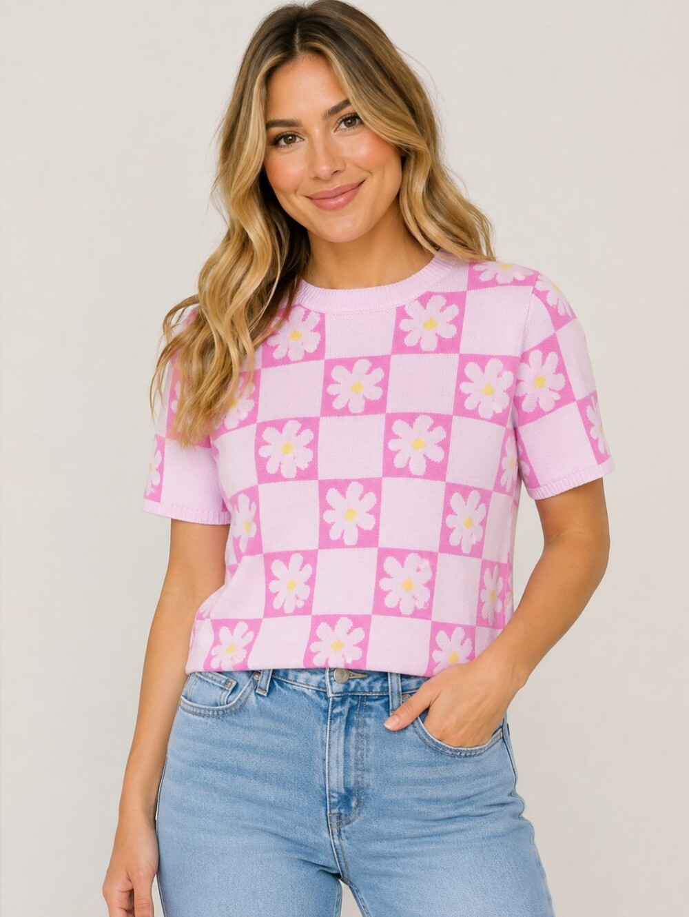 debut Pink Checkerboard Daisy Knit Tee